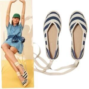 New Rothy's The Espadrille Flats Sailor Stripes Navy Ivory Ankle Tie Size 10